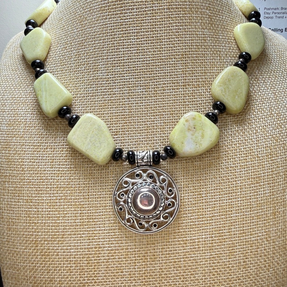 Pendant Necklace Green Black Chunky Boho Statement Filigree